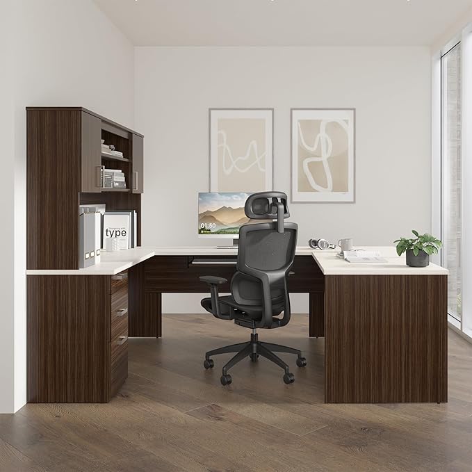 Bestar U Shaped Desk with Drawers, Hutch, and Keyboard Tray, Executive Workstation for Home or Professional Office, 65 Inches, Ridgeley Collection, White Chocolate