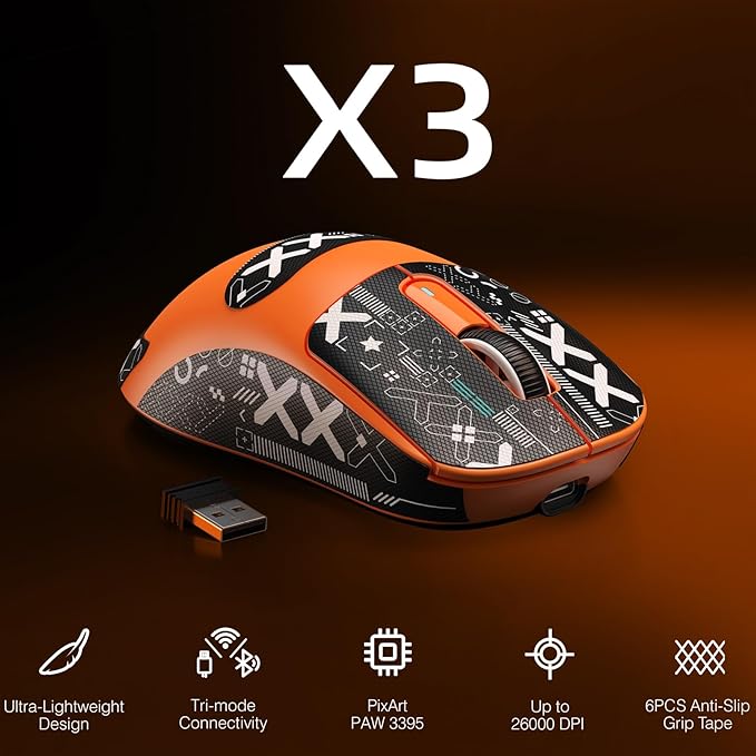 ATTACK SHARK X3 Lightweight Wireless Gaming Mouse with Tri-Mode 2.4G/USB-C Wired/Bluetooth,26K DPI, PAW3395 Optical Sensor,Kailh GM8.0 Switch,5 programmable Buttons for PC/Win/Mac(Orange+Stickers)