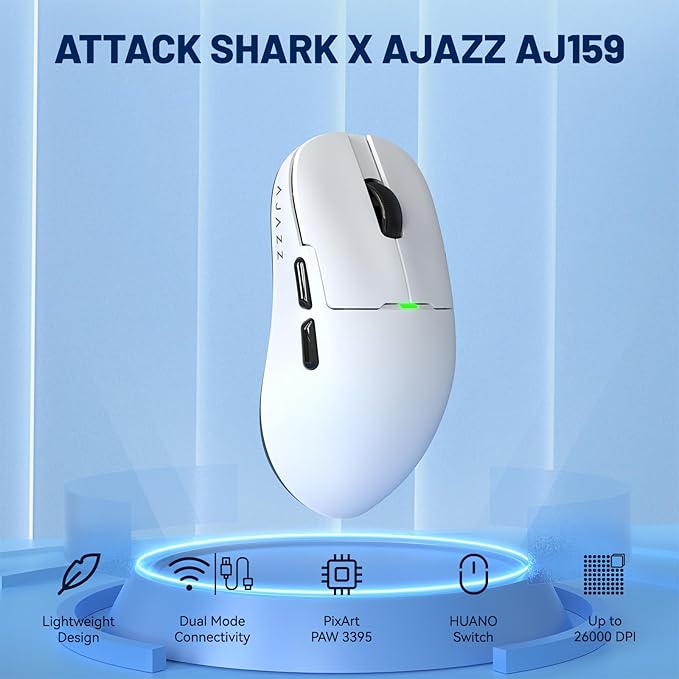 ATTACK SHARK x Ajazz AJ159 Gaming Mouse,2.4G Wireless Mouse,56g Ultralight,26K DPI PAW3395 Sensor,6 Programmable Buttons,Ergonomic Wired Gaming Mouse USB3.0 with 80M Click Switch for PC/MAC