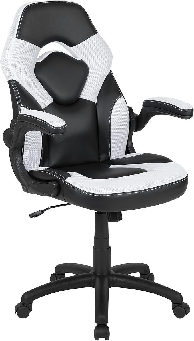 Flash Furniture Gaming Desk and White/Black Racing Chair Set /Cup Holder/Headphone Hook/Removable Mouse Pad Top - 2 Wire Management Holes