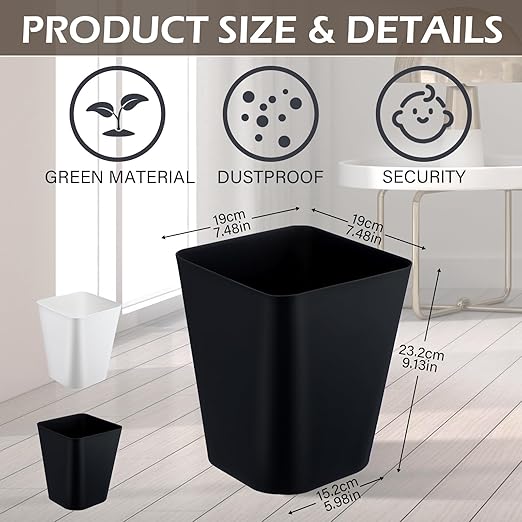 Hoolerry 9 Pieces Garbage Can 2 Gallon Small Trash Cans Bulk Bathroom Trash Bin Plastic Wastebasket Square for Bedroom Slim Bathroom Trashcan Small Container for Kitchen Office Home (Black,White)