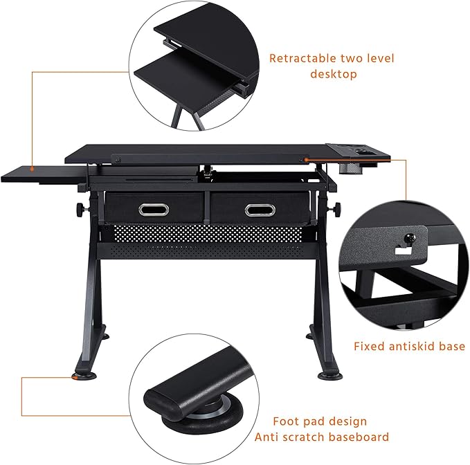 Topeakmart Drafting Table for Artists, Height Adjustable Drawing Draft Desk, Tiltable Tabletop, Art Craft Work Station with Extra Board for Diamond Painting Sewing Graphic Designere
