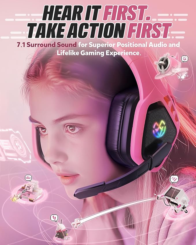 Tatybo Wireless Gaming Headset for PC, Ps5, Ps4, 2.4 Ghz USB & Type-C Gaming Headphones with Microphone, 30H Battery Bluetooth Headphones for Switch, Laptop, Mobile, Mac (Black Pink)