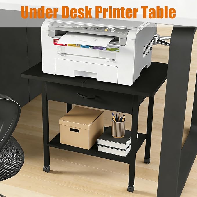 22" x 15" Under Desk Rolling Printer Stand, 2-Tier Industrial Mobile Printer Table with Strong Fabric Drawer, Storage Shelf, Steel Frame and Lockable Wheels, Printer Cart for Home Office (Black)