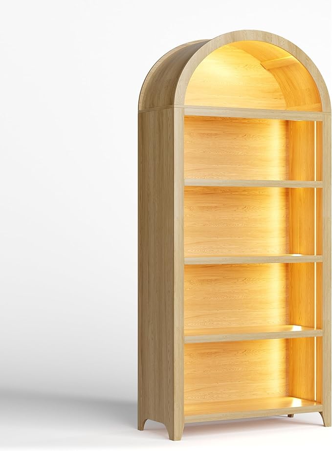Arch Bookcase - 5 Tiers Bookshelf with 3 Colors LED Sensor Lights and Thickened Wooden Design Display Shelf for Lego Books Bathroom Living Room - Ideal Gift (Wood)