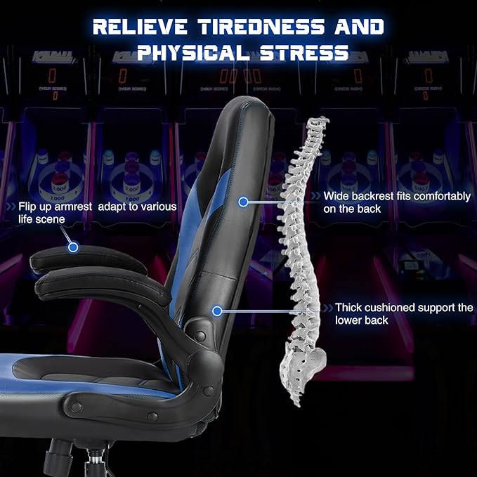 DUMOS Ergonomic Computer Gaming Chair - Home Office Desk with PU Leather Lumbar Support, Height Adjustable Big and Tall Video Game with Flip-up Armrest, Swivel Wheels for Adults and Teens
