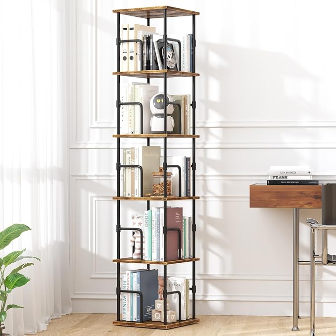 5-Tier Rotating Bookshelf, Freestanding Corner Bookshelf, 360° Spinning Bookcase Industrial Style Storage Rack with Rails, for Living Room, Bedroom, Study