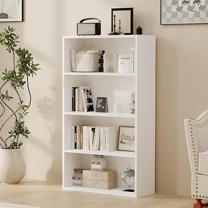 Sweetcrispy Industrial 4 Shelf Bookcase - Large 42.1 Inch Tall Floor Standing Open Bookshelf for Home Office, Living Room, and Bedroom Storage, Classic White