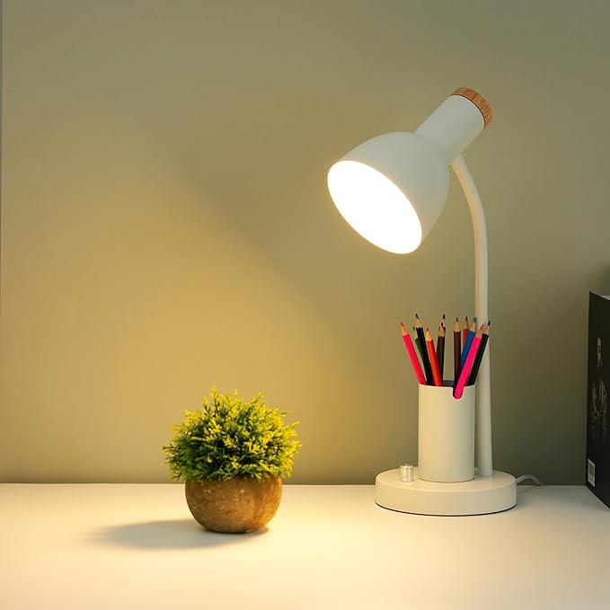 Desk Lamp with Pen Holder, Green, Wood Accent, Adjustable Gooseneck, Modern Study Light (Blue)