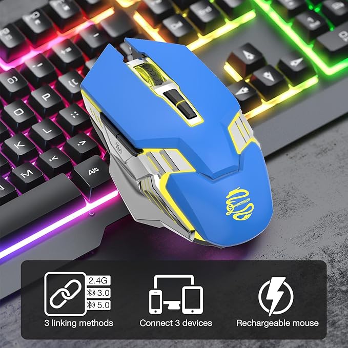 Blue Wireless Mice Gaming Mouse Bluetooth, Silent Multi Device Mouse, 2400 DPI, RGB Backlit, 800mAh Rechargeable Cordless Computer Mouse for Laptop PC Mac Macbook Air/Pro iPad Chromebook Office Game