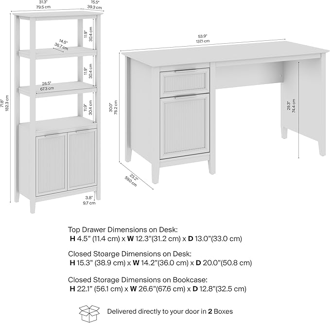 Bush Home 54-inch Office Desk with Storage and 5 Shelf Bookcase with Doors, Home Office Furniture, Camille Collection, Natural Birch