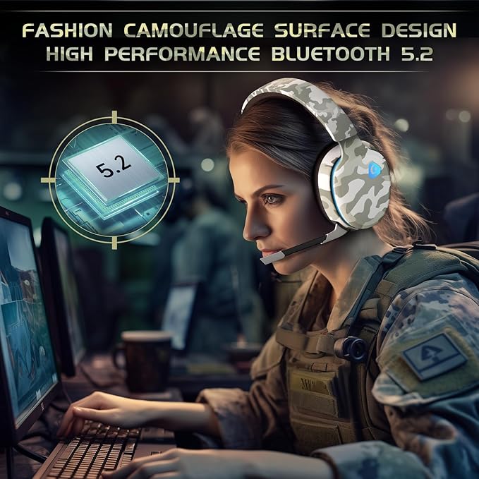 Gtheos 2.4GHz Wireless Gaming Headset for PS5, PS4 Fortnite & Call of Duty/FPS Gamers, PC, Nintendo Switch, Bluetooth 5.3 Gaming Headphones with Microphone for Computer, Mobile, Stereo Sound (Camo)