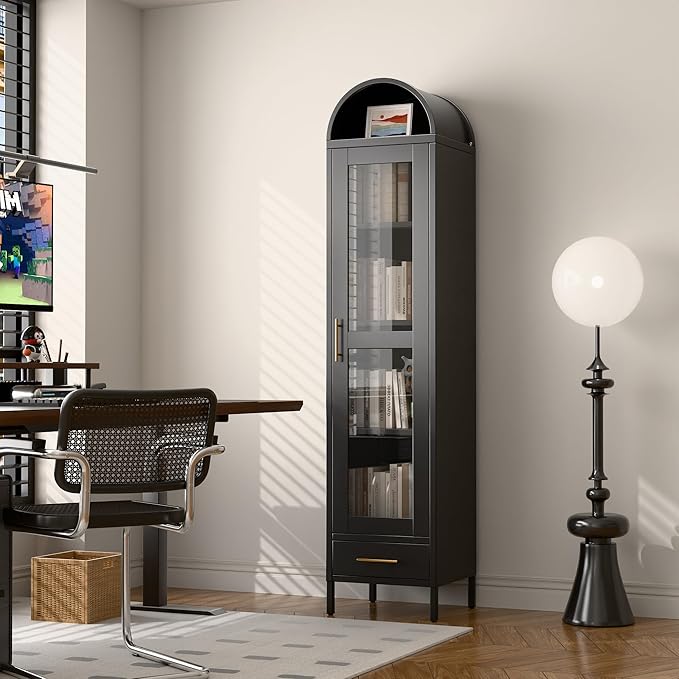 Aobabo Metal Arched Display Cabinet with Glass Doors, Narrow Arched Bookcase with 3 Adjustable Shelves for Home Office, Assembly Required, Black
