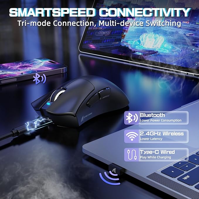 ATTACK SHARK V3 PRO Wireless Esports Gaming Mouse with Magnetic Charging Dock:62g Lightweight-1K Polling-25K DPI-PAW3311 Sensor,Wired/BT/2.4Ghz Programmable,BK52820 IC for PC Mac Laptop Gamer(Black)