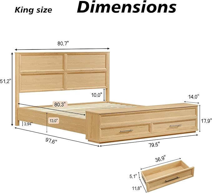 King Size Bed with 3D Geometric Headboard & Storage Bench - 4-Drawer Storage, Modern Bedroom Furniture,Oak. The 3D geometric grid pattern on the headboard exudes modern charm, blending refinement wi