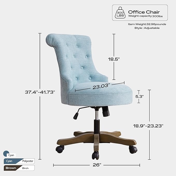 HUIMO Home Office Chair Upholstered Armless Desk Chair with Wheels Adjustable Height Computer Desk Chair with Wooden Legs Comfortable Linen Swivel Chairs for Home Office Study Studio (Teal)