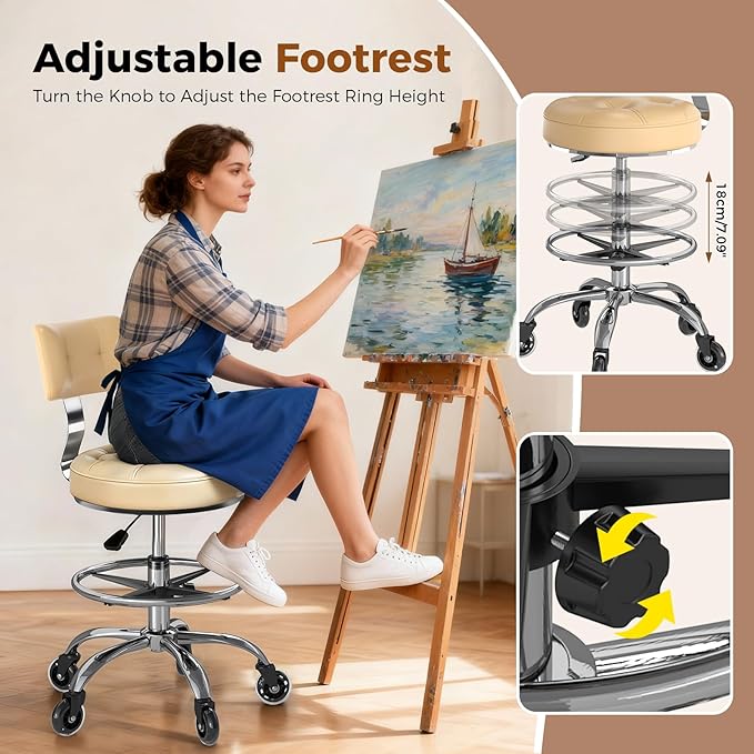 Office Drafting Chair with Footrest, Tall Height Adjustable Stool with Back Support, Heavy Duty Rolling Stool Chair with Wheels for Office Home Kitchen Bar Shop Guitar Studio Medical Vanity(White)