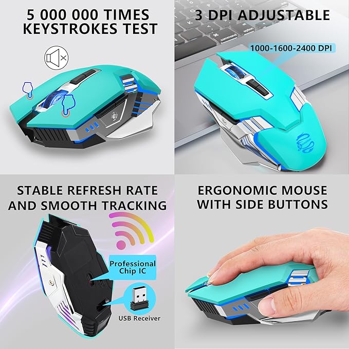 Green Wireless Mouse Gaming Mice Bluetooth with 3-Modes(BT5.0+BT3.0+2.4GHz), RGB Backlit, Silent Click, Light Up Quiet Computer Mouse for Laptop, PC, Chromebook, MacBook, iPad, Tablet, Games, Office