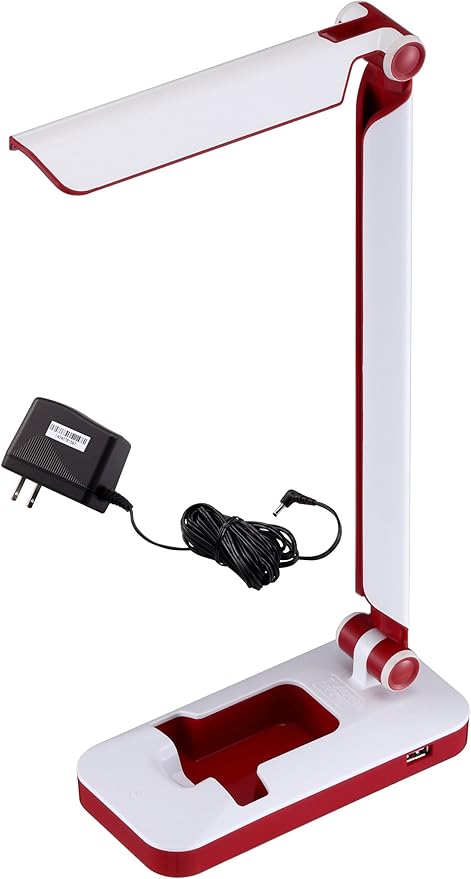 Black and Decker Office LED3FOLD-WHTRED PureOptics Verve 5W Flicker-Free Natural Daylight LED Desk Lamp with USB Charging Port, Phone Stand, 2 Dimming Levels (267 Lumens), 16" x 9" x 3.5" , White/Red