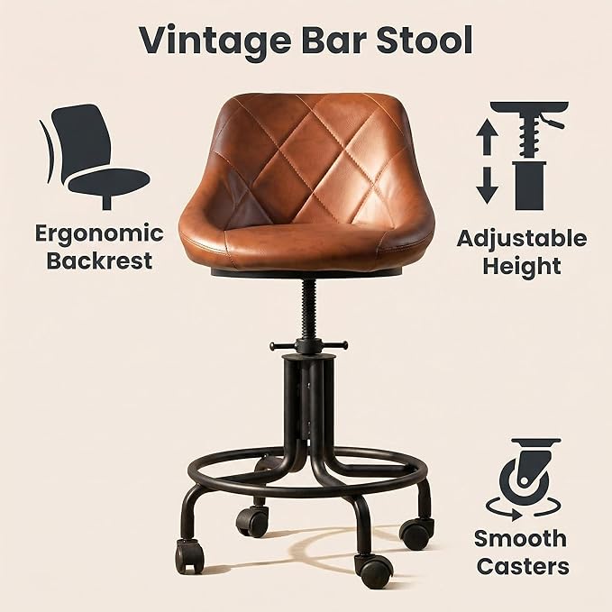 Topower Antique Industrial Design Metal Adjustable Height Kitchen Dining Breakfast Chair Industrial Style Bar Stool with Wheels, Fully Welded, Brown PU Leather Sea