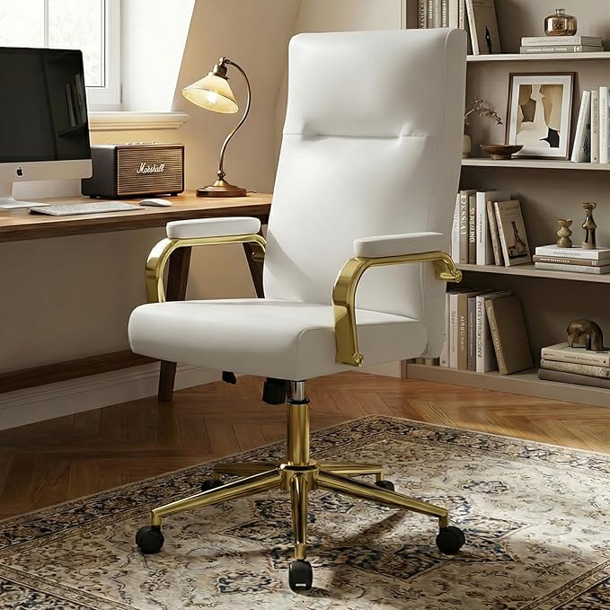 White and Gold Office Desk Chair Memory Foam, High Back Leather Executive Office Chair with Wheels and Arms for Women Girls Teens Adults
