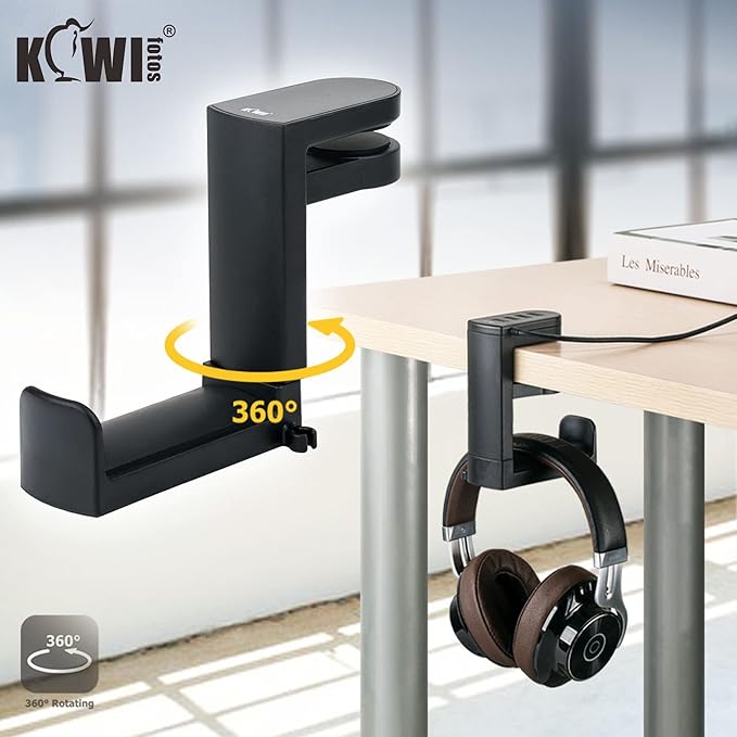 KIWIFOTOS Headphone Stand Holder Under Desk, PC Gaming Headset Hook Hanger Mount with 360 Adjustable Rotating Arm Clamp & Built in Cable Clip - Black