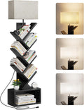 Evermagin 6 Tier Tree Bookshelf with Light, Narrow Bookcase Tower, Tall Floor Standing Book Shelf Organizer with Storage Cabinet for Living Room, Bedroom and Home Office, Black