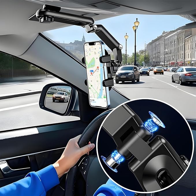 Car Sun Visor Phone Holder, 1080° Rotatable Rear View Mirror Cell Phone Mount with Extendable Arm, Adjustable Automotive Interior Smartphone Clip, Universal for Vehicles (Black)