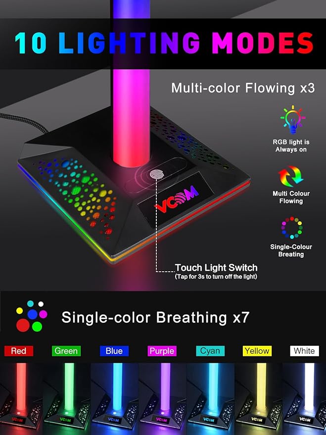 VCOM RGB Gaming Headphones Stand with 2 USB and 1 Type-C Ports, Headset Stand with 10 Light Modes and Non-Slip Rubber,Suitable for All Earphone Accessories, Best Gift for Desk Gamers