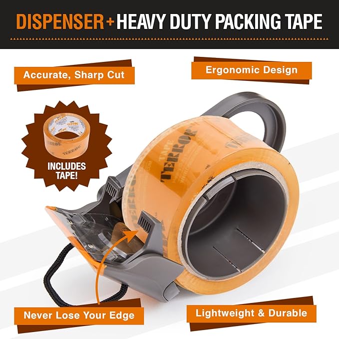 Clear Packing Tape with Dispenser (1 Roll) - Heavy Duty Tape for Packing Boxes - Packaging Tape, Shipping Tape with Dispenser, Refillable, Works w/Standard 2” Wide Tapes