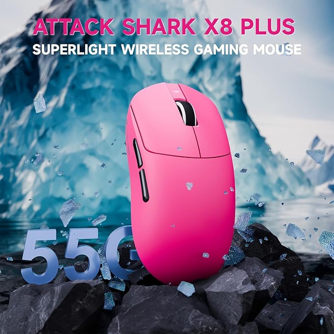 ATTACK SHARK X8 Plus Wireless Gaming Mouse,55g Ultra-Lightweight Wired/BT/2.4GHz Wireless Programmable Mouse,1K Polling Rate,PixArt PAW3395PRO Sensor,40K DPI,Gamer Mice for PC/Win/Mac/Big Hand(Berry)