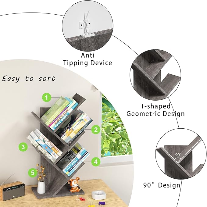 SHEEPAM 5 Tier Tree Book Shelf, Small Desktop Bookshelf with Storage Organizer, Wood Bookcase, Desk Display Bookshelves, Floor Standing Organizer Bookcases for Living Room,Bedroom,Office - Light Grey