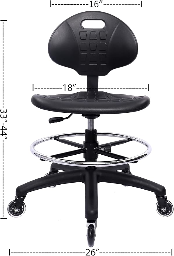 Chair Master Drafting Stool - Easy to Clean! Ergonomic Polyurethane Chair. Seat Height Adjustable w/Heavy Duty Footring for Home, Automotive, Lab, Cleanroom (Soft Roller Blade Casters, Medium Stool)