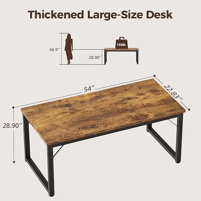 Mericonia 54 Inch Computer Desk, 1" Thick Heavy Duty Industrial Office Desk, Modern Simple Study Writing Table for Home Office Bedroom Workstation, Brown