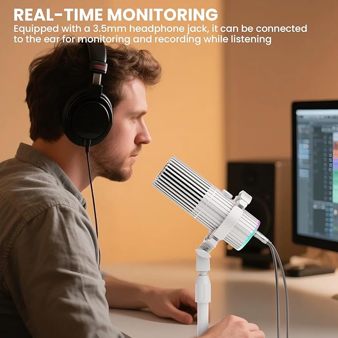 BASN USB/XLR Dynamic Microphone for Podcasting, Live Streaming, Gaming Recording with RGB Mute Button, Headphone Monitoring and MIC Stand (White) SL2000
