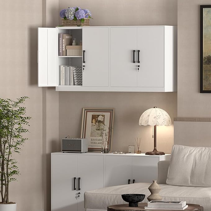 IRONFFICE Wall Cabinet,28" H Metal Storage Cabinet with Adjustable Shelf,Metal Cabinets Wall Mounted with Doors for Home Office,Kitchen,School,White