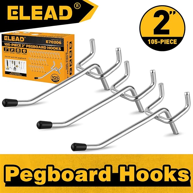 ELEAD 105-Piece 2 Inch Pegboard Hooks, Heavy Duty Peg Board Organizer Accessories, Peg Board Tool Hangers Fit for 1/4" and 1/8" Pegboard Hanging Tools Garage, Workshop, and Craft Storage