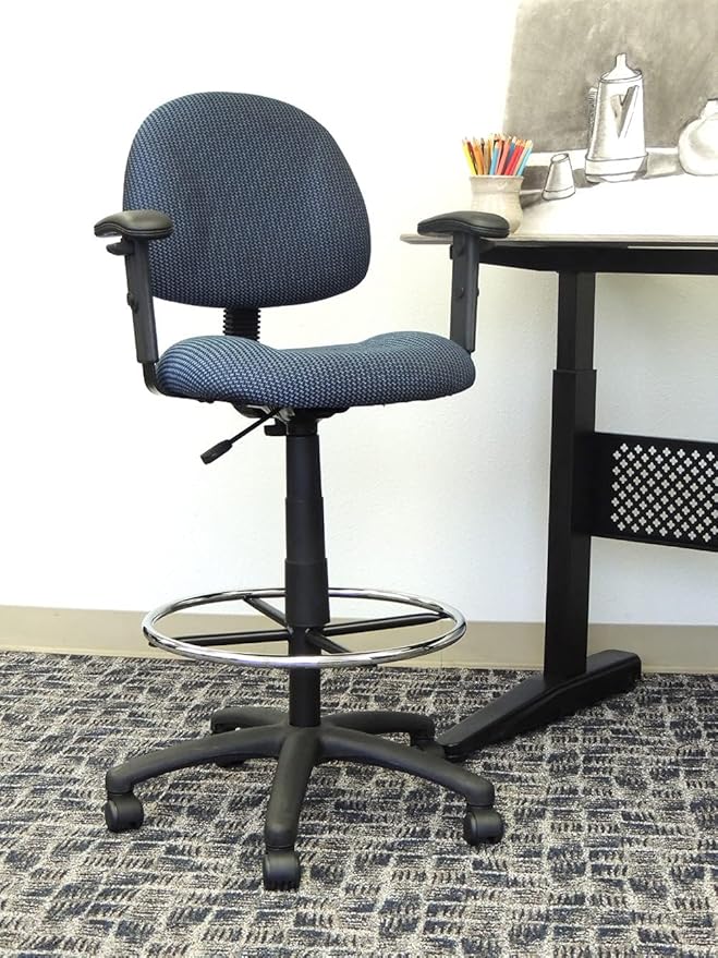 BOWERY HILL Contemporary Rolling Fabric Drafting Stool, Adjustable Height with Arms, Blue Finish, Contoured Back and Seat, Chrome Footring, Dual-Wheel Casters, Home or Office Use, 25" W x 25" D x