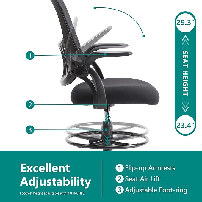 DUMOS Drafting Chair for Standing Desk, Counter Height Adjustable, Flip-up Arms, Ergonomic Mid Back Mesh Rolling Work Swivel Office Computer Chairs with Wheels, Black