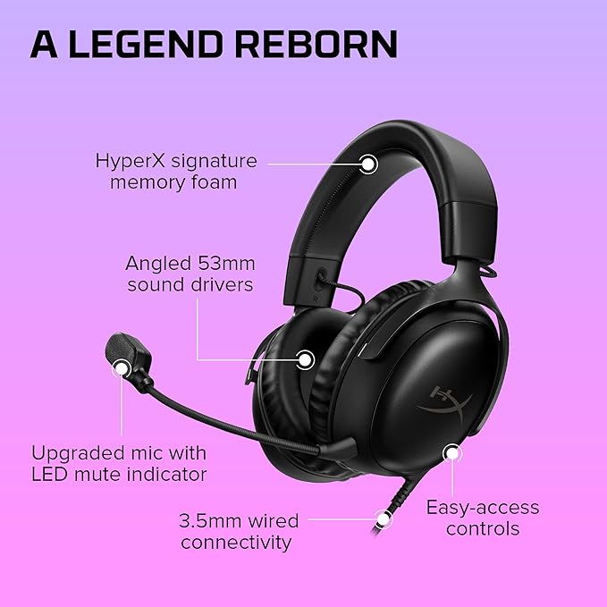 HyperX Cloud III – Wired Gaming Headset, PC, PS5, Xbox Series X|S, Angled 53mm Drivers, DTS, Memory Foam, Durable Frame, Ultra-Clear 10mm Mic, USB-C, USB-A, 3.5mm – Black (Renewed)