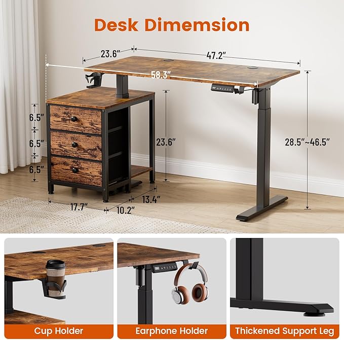 REAHOME Electric Standing Desk with Drawers, 47 x 24 Inches Height Adjustable Sit Stand Desk with Storage, 3 Memory Preset Home Office Computer Desk, Printer Cabinet, Cable Management, Rustic Brown