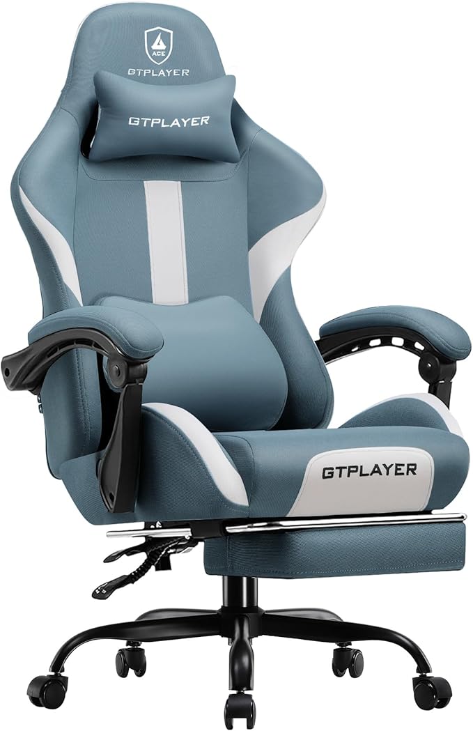 GTPLAYER Gaming Chair Ergonomic Office Chair with Foot Rest & Pocket Spring Cushion, High Back Computer Desk Chair with Headrest & Lumbar Support, Breathable Fabric Game Chair for Adults, Blue