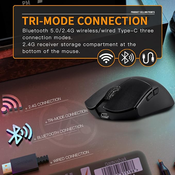 Darmoshark M3 Pro Wireless Gaming Mouse,Tri-Mode 2.4G/USB-C/Bluetooth Mouse Up to 26KDPI,PAW3395 Optical Sensor Lightweight 55g,8 programmable Button 500MAh Battery Life,Computer Mouse for Laptop(B)