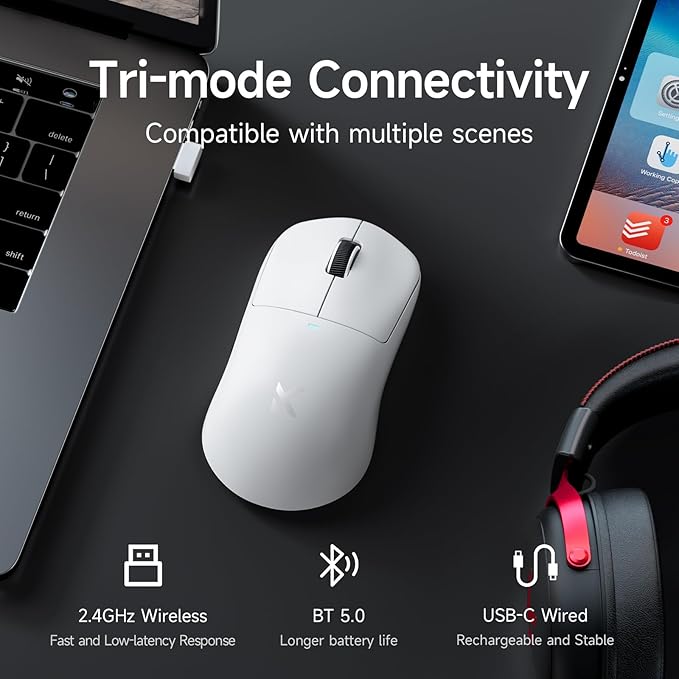 MCHOSE M7 Ultra Wireless Gaming Mouse, 8K Polling, 55g Lightweight Ergonomic Computer Mouse PAW3950 Optical Sensor 750 IPS 42000 DPI 6 Programmable Controls USB-C 3-Modes PC/Mac White