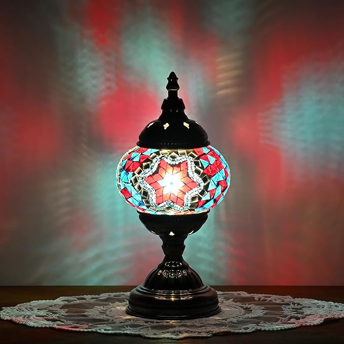 GOGERS Turkish Moroccan Table Lamp Lantern with Handmade Mosaic Glass Lampshade Tiffany Style Bohemian Stained Glass Decorative Desk Lamps Bedside Night Lights for Bedroom (Blue Red)