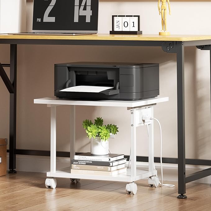 Asgolion Printer Table, 2-Tier Under Desk Printer Stand with Charging Station, Printer Stand with Wheels, PrinterShelf for Small Spaces, Printer Cart for Home Office White