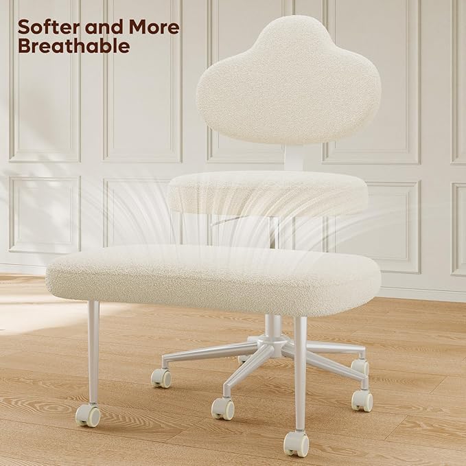Pinmoco Cross Legged Office Chair with Wheels, Meditation Chair, ADHD Chair for Adults, Wider Height Adjustable Backrest and Seat, Yoga Office Chair, Teddy Fabric, Off White