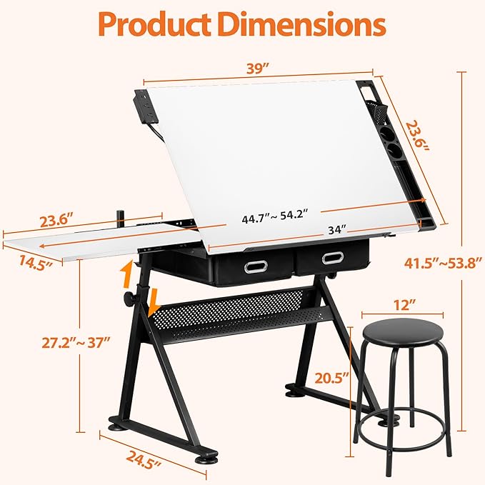 Drafting Table Drawing Desk w/Power Outlet, Art&Craft Work Station Height Adjustable Tilting Tabletop Craft Table Desk w/Stool and 2 Storage Drawers for Home Office, White