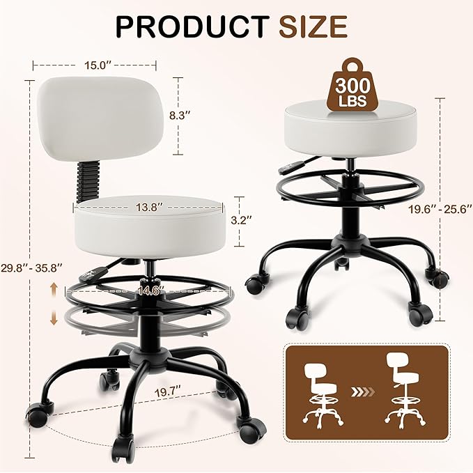Drafting Chair with Back Support, Adjustable Foot Rest Rolling Stool, 360° Swivel Office Desk Chair with Wheels, Thick Seat Cushion for Home Bar Salon Tattoo Shop (1, White)