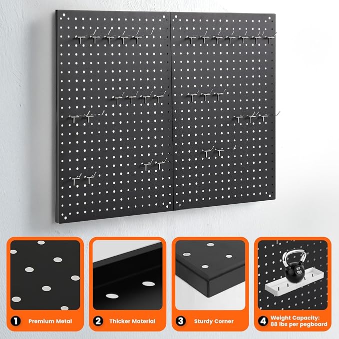 ENJOYWOOD Pegboard, 2 PCS 24"×16" Metal Peg Board Panels Black Modular Wall Organizer Kit with 30 Hooks, Dual-Size Hole Design for Home Tool Storage, Garage Organization, Kitchen, Office, Craft Room